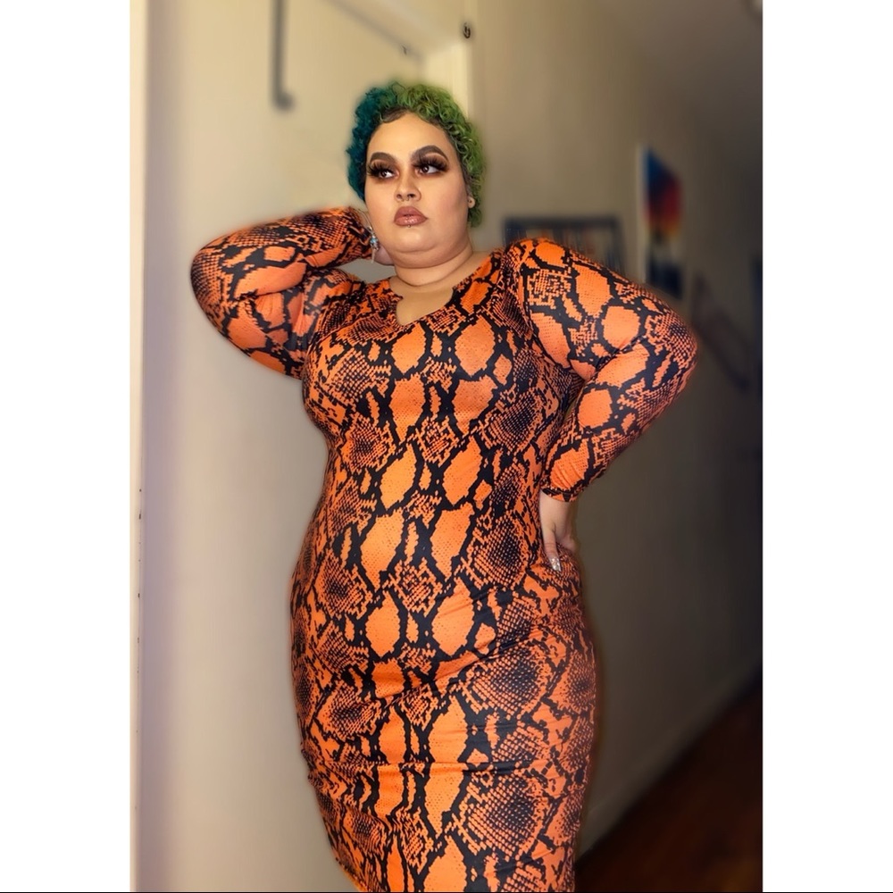Boohoo orange snake skin print v cut midi dress